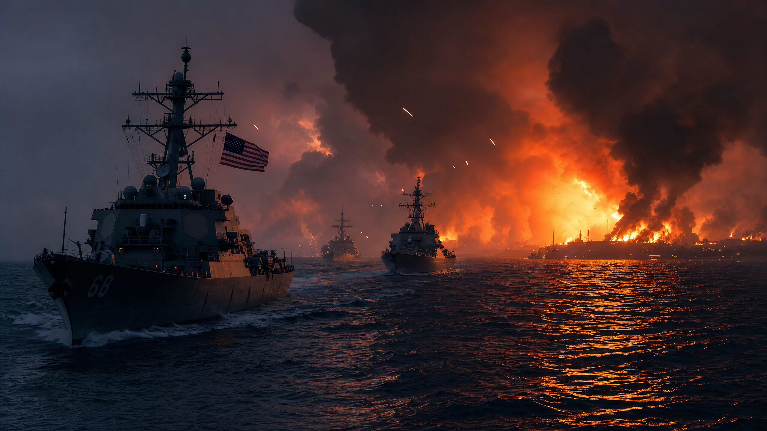 US Navy destroyer in the Strait of Hormuz with smoke and fire on the horizon during naval confrontation with Iran