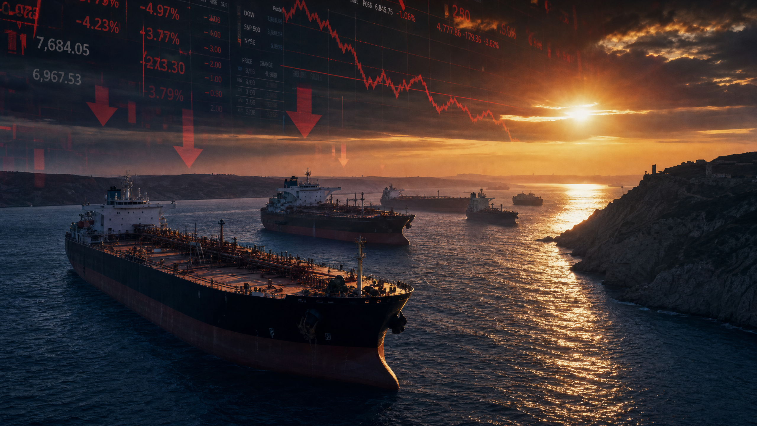 Oil tankers stranded near the Strait of Hormuz with global financial market data overlay showing crisis